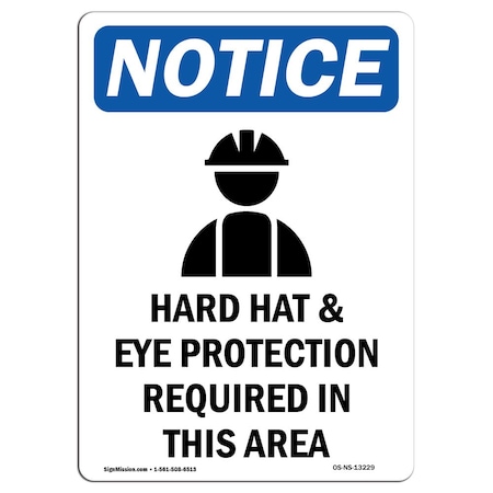 OSHA Notice Sign, Hard Hat And Eye Protection With Symbol, 14in X 10in Rigid Plastic
